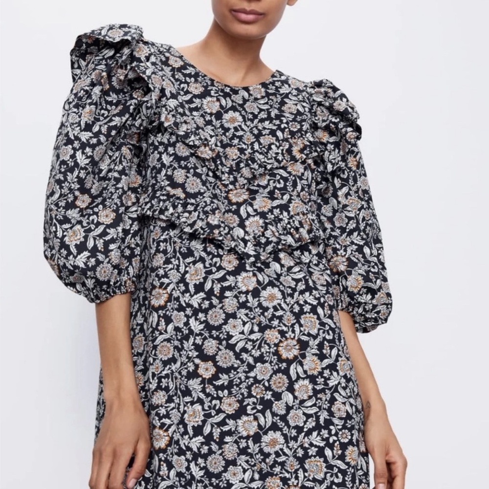 Zara Black Floral Long Sleeve Dress